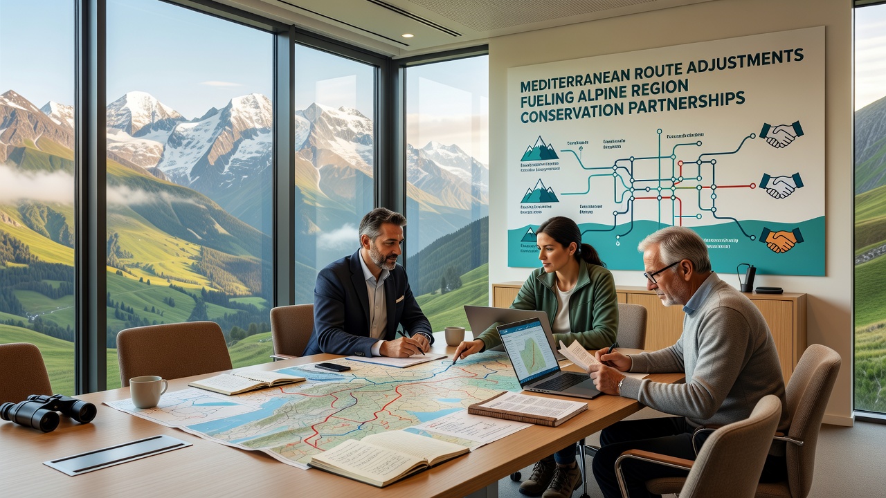 Researchers and officials reviewing maps during an Alpine conservation partnership meeting