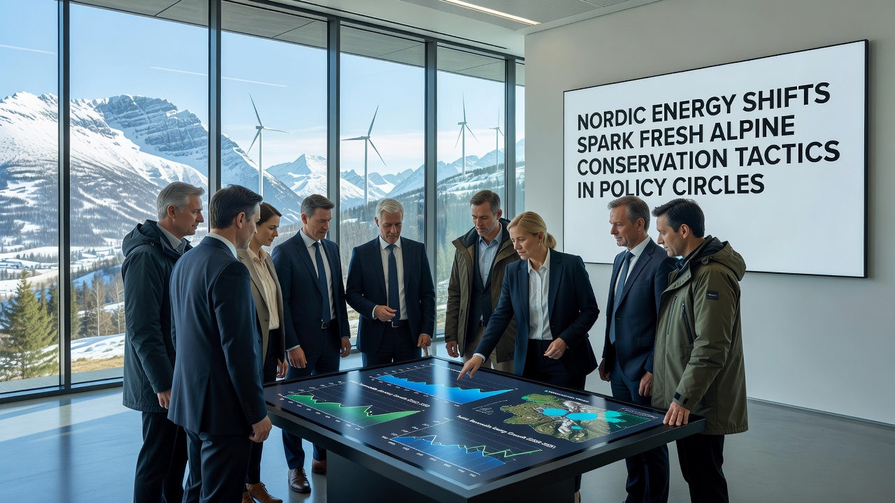 Alpine meadow with wind turbines on distant ridges showing integration of energy and conservation zones